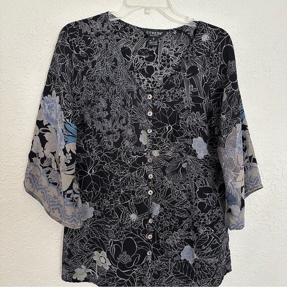 Citron Silk Floral Button Front Short Sleeve Black Top Small - Picture 2 of 6